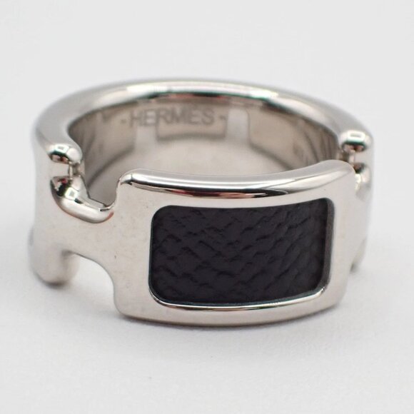 HERMES Olympe Ring XS Palladium Plated Calf Skin Leather Black Silver - Picture 5 of 10